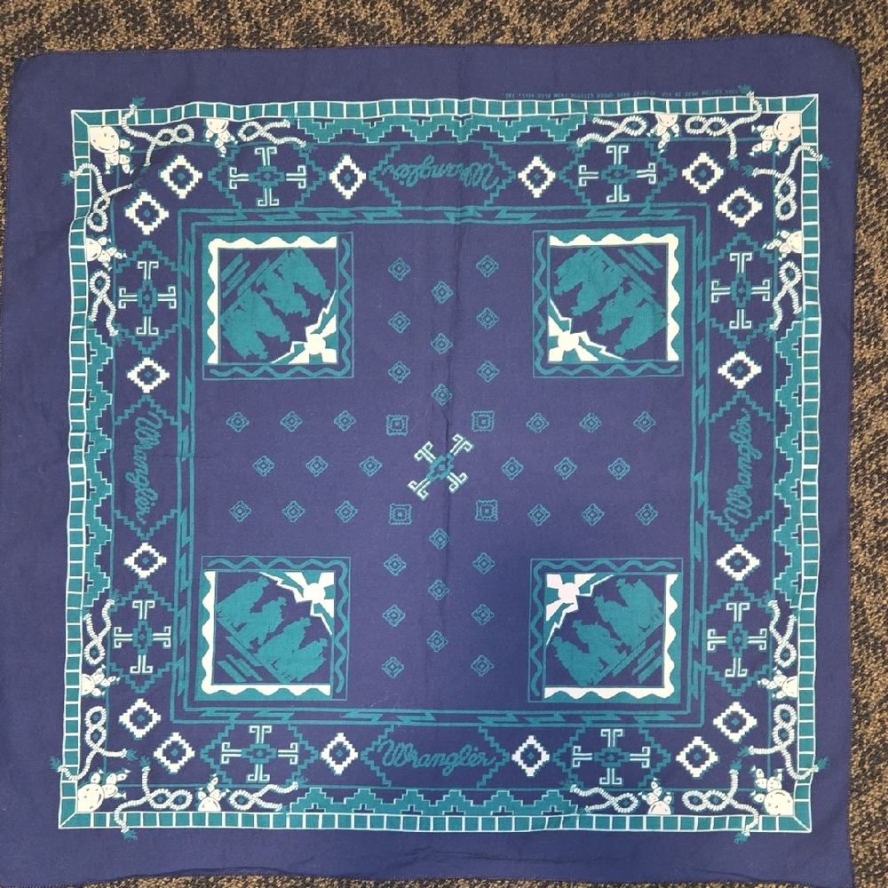 Vtg Big Head 25" Southwestern Western WRANGLER Blue Usa Made Bandana